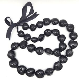 Chunky Black Hawaii Kukui Nut Beaded Lei Necklace with Ribbon Tie Closure